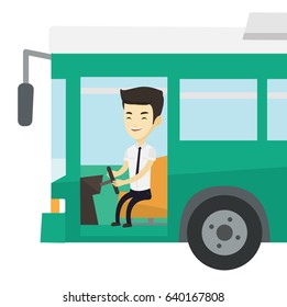 Asian bus driver sitting at steering wheel. Young driver driving passenger bus. Bus driver sitting in drivers seat in cab. Vector flat design illustration isolated on white background.