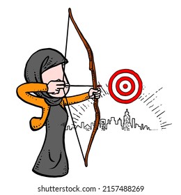 Asian business entrepreneur aiming the target. Concept for goal setting. Cartoon vector design with isolated background
