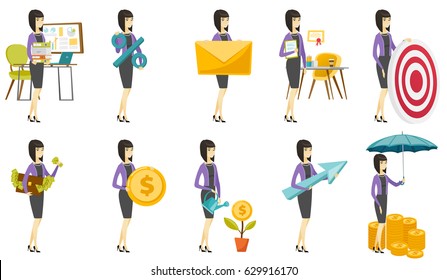 Asian business lady holding pile of folders and papers. Full length of business lady with folders. Young business lady with folders.Set of vector flat design illustrations isolated on white background