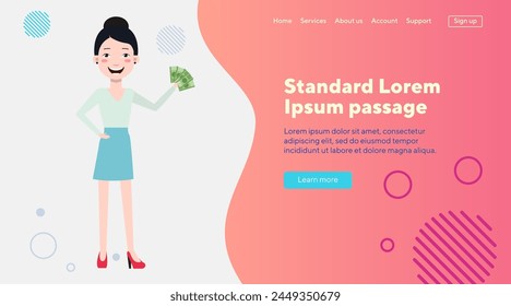 Asian business lady with money. Happy young woman holding green banknotes. Flat vector illustration. Finance, earning money, business concept for web design, banner or landing page