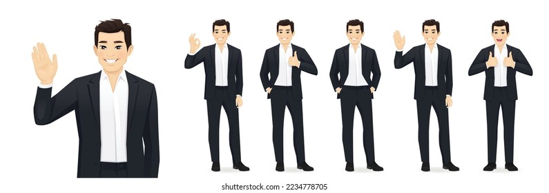 Asian business man in blue shirt different poses set. Various gestures - greeting, showing ok sign, thumbs up isolated vector illustration