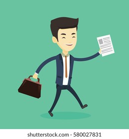Asian business man with briefcase and a document running. Young happy business man running in a hurry. Cheerful business man running to success. Vector flat design illustration. Square layout.
