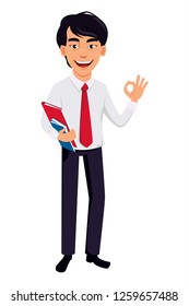 Asian business man, concept of cartoon character in office style clothes. Handsome businessman holds documents and shows ok sign. Vector illustration on white background.