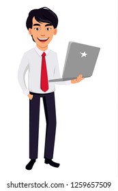 Asian business man, concept of cartoon character in office style clothes. Handsome businessman holds laptop. Vector illustration on white background.