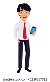 Asian business man, concept of cartoon character in office style clothes. Handsome businessman holds smartphone. Vector illustration on white background.