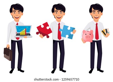 Asian business man, concept of cartoon character in office style clothes, set of three poses. Handsome businessman holds laptop, holds puzzle and holds piggy bank. Vector illustration