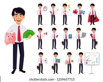 Asian Business Man, Concept Of Cartoon Character In Office Style Clothes, Set Of Fifteen Poses. Handsome Businessman. Vector Illustration