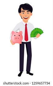 Asian business man, concept of cartoon character in office style clothes. Handsome businessman holds piggy bank and envelope full of money. Vector illustration on white background.