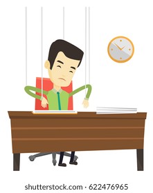 Asian business man hanging on strings like marionette. Business man marionette on ropes sitting in office. Marionette business man working. Vector flat design illustration isolated on white background