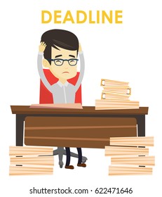 Asian business man having problem with deadline. Stressed business man sitting at workplace and clutching head because of missed deadline. Vector flat design illustration isolated on white background.