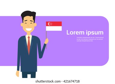 Asian Business Man Hold Singaporean Flag Singapore Businessman Banner With Copy Space Flat Vector Illustration