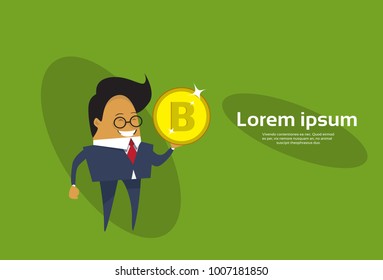 Asian Business Man Holding Bitcoin Web Money Cryptocurrency Mining Technology Concept Flat Vector Illustration