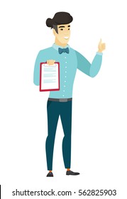 Asian business man holding clipboard and giving thumb up. Full length of business man with clipboard. Business man showing clipboard. Vector flat design illustration isolated on white background.