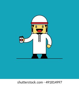 Asian Business Man holding cup of coffee. Cartoon character.