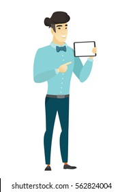 Asian business man holding tablet computer. Full length of business man pointing at tablet computer. Business man with tablet computer. Vector flat design illustration isolated on white background.
