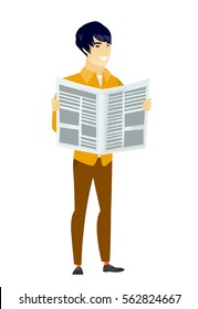 Asian business man reading newspaper. Happy business man standing with newspaper in hands. Business man reading good news in newspaper. Vector flat design illustration isolated on white background.