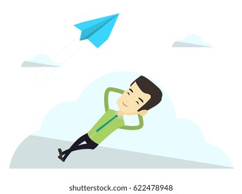 Asian business man relaxing on a cloud. Business man lying on a cloud and looking at flying paper plane. Business man resting on a cloud. Vector flat design illustration isolated on white background.