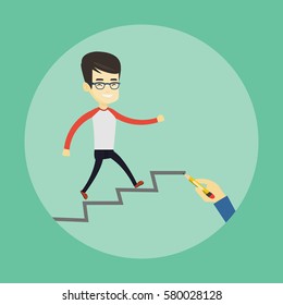 Asian business man running up the career ladder drawn by hand. Happy business man climbing the career ladder. Concept of business career. Vector flat design illustration. Square layout.