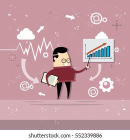 Asian Business Man Showing Finance Chart Graph Report Vector Illustration