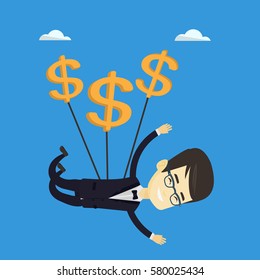 Asian business man in suit flying with dollar signs. Happy business man gliding in the sky with dollars. Business man using dollar signs as parachute. Vector flat design illustration. Square layout.
