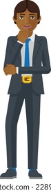 An Asian business man thinking with his hand on his chin mascot concept