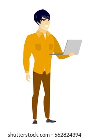Asian  business man using laptop. Full length of young smiling business man working on a laptop. Cheerful business man holding laptop. Vector flat design illustration isolated on white background.