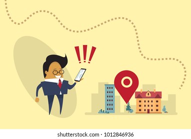 Asian Business Man Using Map Navigation In Cell Smart Phone Gps Application Flat Vector Illustration