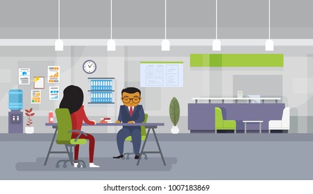 Asian Business Man And Woman Meeting Or Recruitment Interview Business People Sitting At Office Desk Discuss New Ideas Flat Vector Illustration