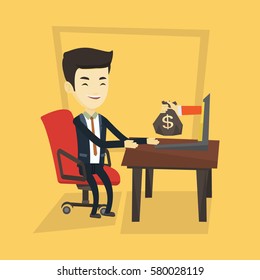 Asian business man working in office and bag of money coming out of laptop. Businessman earning money from online business. Online business concept. Vector flat design illustration. Square layout.