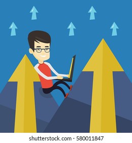 Asian business man working on a laptop on the mountain. Business man sitting on the top of the mountain and using a laptop. Business technology concept. Vector flat design illustration. Square layout.