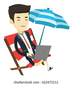Asian business man working on beach. Young business man sitting in chaise lounge under beach umbrella. Business man using laptop on beach. Vector flat design illustration isolated on white background.
