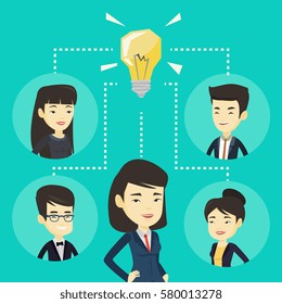 Asian business men working on new creative ideas. Business people discussing business ideas. Group of business women connected by one idea light bulb. Vector flat design illustration. Square layout.