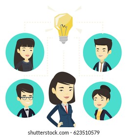 Asian business people working on new idea. Business people discussing business idea. Group of business people connected by one idea bulb. Vector flat design illustration isolated on white background.