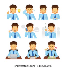 Asian business person vector flat illustration set (upper body) / various business situations (commuting, coffee break, working with computer, talking on phone etc.)