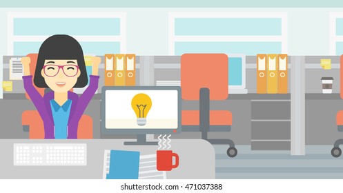 An asian business woman with arms up having business idea. Woman working on a computer with business idea bulb on a screen. Business idea concept. Vector flat design illustration. Horizontal layout.