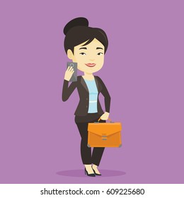 Asian business woman with briefcase making selfie. Business woman taking photo with cellphone. Business woman looking at smartphone and taking selfie. Vector flat design illustration. Square layout.