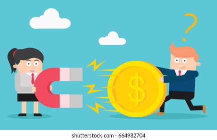 Asian business woman character using magnet to get money/coin from another businessman flat cartoon vector design illustration