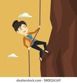 Asian business woman climbing on the rock. Young brave business woman using rope to climb on the mountain. Concept of business challenge. Vector flat design illustration. Square layout.