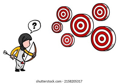 Asian business woman confuse with multiple target. Bad goal setting concept. Cartoon vector illustration design on isolated white background