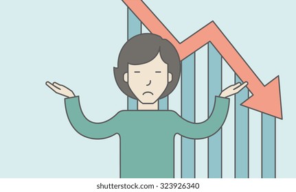 An Asian Business Woman With Falling Down Graph Is Confused. Bankruptcy Concept. Vector Line Design Illustration. Horizontal Layout With A Text Space.