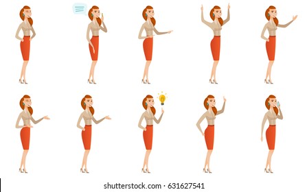 Asian business woman gesturing. Full length of business woman gesturing with her hands. Business woman laughing and gesturing. Set of vector flat design illustrations isolated on white background.