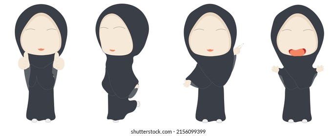 Asian business woman with hijab in different poses. Flat vector illustration isolated on white background. Set of muslim characters with various emotions.
