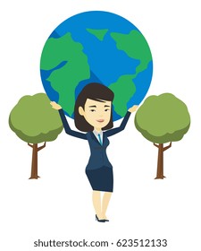 Mulher de negócios asiática segurando o globo da Terra sobre sua cabeça. Empresária participando de negócios globais. Conceito de negócio global. Ilustração de design plano vetorial isolada sobre fundo branco.