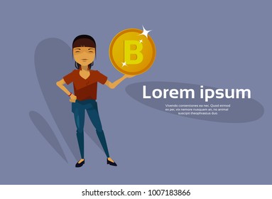 Asian Business Woman Holding Bitcoin Web Money Financial Success Crypto Currency Mining Concept Flat Vector Illustration