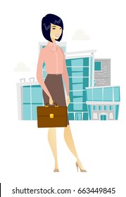 Asian business woman holding briefcase. Full length of young business woman with briefcase. Smiling business woman holding briefcase. Vector flat design illustration isolated on white background.