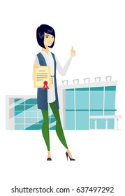 Asian business woman holding certificate. Full length of business woman with certificate. Business woman showing certificate and thumbs up. Vector flat design illustration isolated on white background
