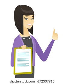 Asian business woman holding clipboard and giving thumb up. Young cheerful business woman with clipboard. Business woman showing clipboard. Vector flat design illustration isolated on white background