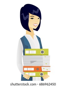 Asian business woman holding pile of folders and papers in hands. Young business woman with folders and files. Vetor flat design illustration isolated on white background.