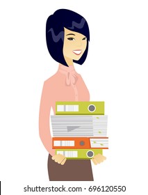 Asian business woman holding pile of folders and papers in hands. Young business woman with folders and files. Vetor flat design illustration isolated on white background.