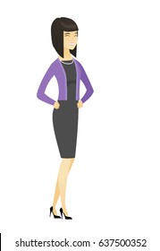 Asian business woman laughing. Full length of bsiness woman laughing with hands on her stomach. Business woman laughing with closed eyes. Vector flat design illustration isolated on white background.